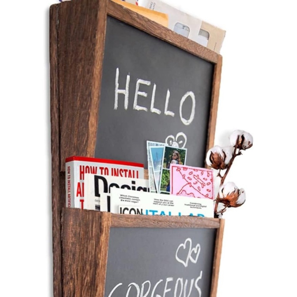 2-Slot Rustic Wood Wall Mounted Mail Sorter Organizer  with Chalkboard-Rustic BR